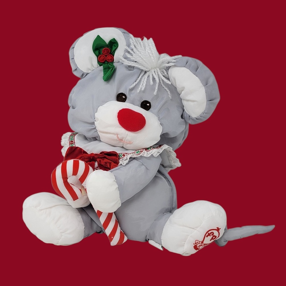 Vintage 1987 Fisher Price Puffalump Christmas Mouse Plush Gray Red‎ Candy Cane